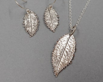 Rose Leaf Jewelry Set- Fine Silver Pendant & Earrings- Botanical Garden- Eco-Friendly Made from Real Leaves- Gardener Garden Girl Gift