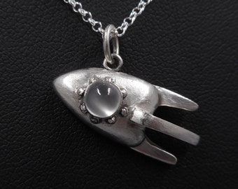 Rocketship Necklace- Fine Silver Pendant- Spaceship Necklace- Sci Fi Jewelry- Moonstone Cabochon- Science Fiction Jewelry- Silver Space Ship