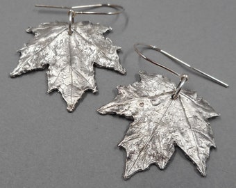 Real Maple Leaves Fine Silver Earrings- One of a Kind Botanical Jewelry- Canada Leaf- Fall Autumn Foliage- Artisan Dangle- Mother's Day Gift