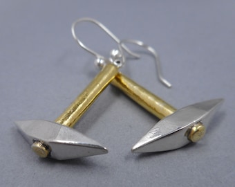 Pickaxe Earrings- Archaeologist Gift- Coal Miner Jewelry- Sterling Silver & 22k Gold Dangle Earrings- Industrial- Archaeology- Rock Hammer