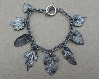 Botanical Charm Bracelet- Maple Sage Grape Catnip Leaves- Leaf Jewelry- Fine & Sterling Silver- One of a Kind Mother's Day Gift- Gardener