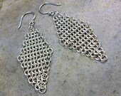 Geometric Chainmaille Earrings in Sterling Silver - Diamond Shape - Medieval Renaissance - Pierced - European 4 in 1
