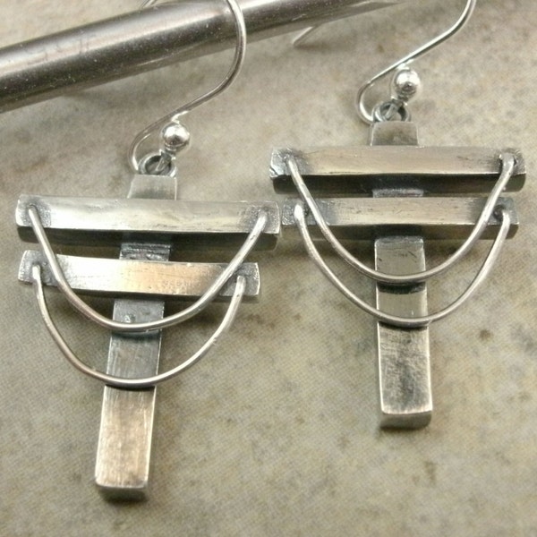 Powerlines Industrial Fine Silver Earrings - Industrial Jewelry - Techie Utility Pole - Industrial Earrings -Hidden Cross -Powerline Jewelry