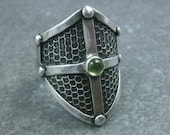Shield Ring Fine Silver Dot Texture- Cabochon Stone Ring- Renaissance Jewelry- Car Grill- Speaker Grate- Oxidized Silver Ring Shield Jewelry