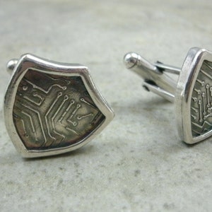 Medieval Geekery Cufflinks in Fine & Sterling Silver- Fathers Day Gift- For Him Men Accessory- Gift For Dad- Circuit Board Shield Cuff Links
