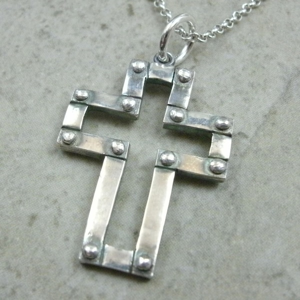 Industrial Cross Pendant in Fine Silver - Religious Jewelry - Modern Cross - Faith Prayer - Silver Cross Necklace - PMC Pendant