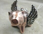 Flying Pig Fine Silver & Copper Necklace- When Pigs Fly Jewelry- Wing Necklace- Flying Pig Pendant- Pink and White Jewelry- Animal Jewellery