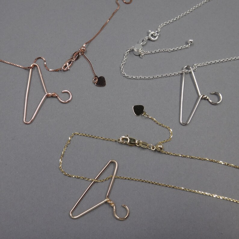 Sterling Silver Coat Hanger Necklace 14k Yellow or Rose Gold Wire