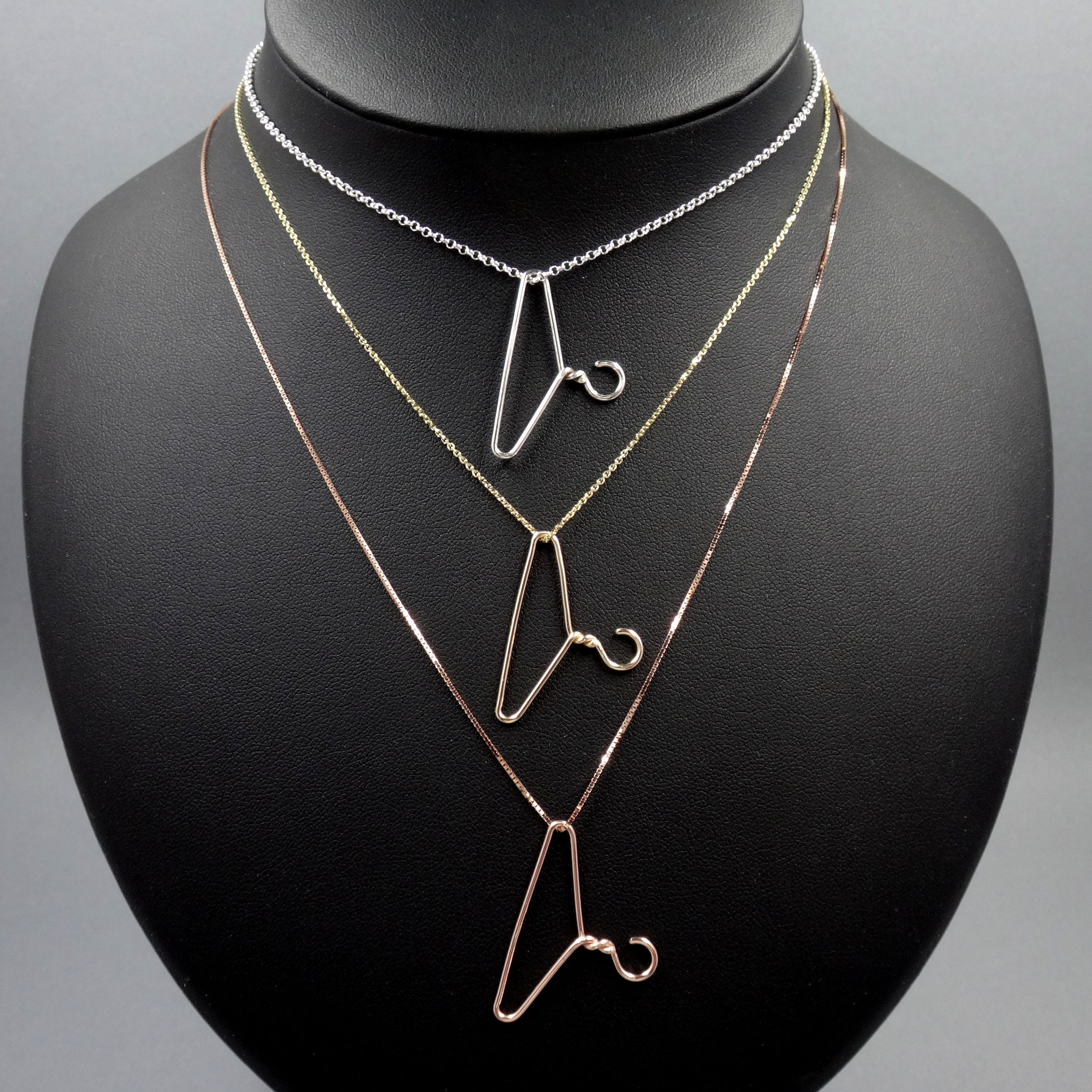 Sterling Silver Coat Hanger Necklace 14k Yellow or Rose Gold Wire