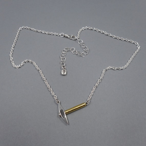 Pickaxe Necklace- Archaeology Jewelry- Sterling Silver & 22k Gold Necklace- Miner Rock Hammer- Archaeologist- Geologist Rockhound Pendant