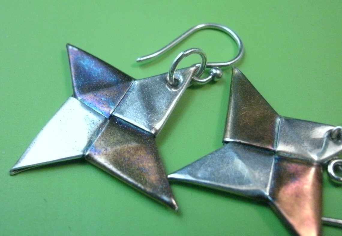 Origami Throwing Star Earrings in Fine Silver Martial Arts Jewelry