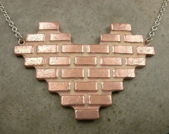 Brick Wall Necklace in Copper and Sterling Silver- Love Jewelry- Industrial Jewelry- Pink Heart- Valentine's Day Gift- Valentine Jewelry