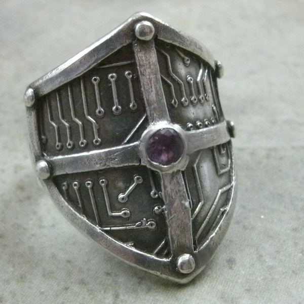 Circuit Board Shield Ring in Fine Silver - Cyberpunk RIng - Medieval Motherboard - Techie - Renaissance - Sci Fi Hacker - Cyberpunk Jewelry