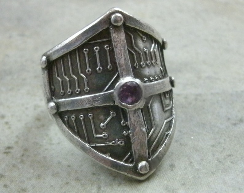 Circuit Board Shield Ring in Fine Silver Cyberpunk RIng Medieval Motherboard Techie Renaissance Sci Fi Hacker Cyberpunk Jewelry image 1