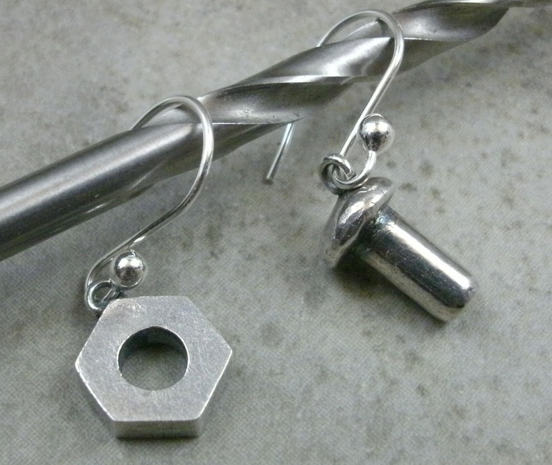 Nuts & Bolts Earrings in Sterling Silver Industrial Jewelry Dangle Earings Nut N Bolt Jewellery Pierced Ear Sterling Silver Earrings image 2