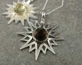 Silver Sun Pendant- Smoky Quartz- Lemon Quartz- PMC Fine Silver Jewelry- Quartz Stone Pendant- 8 Pointed Star Jewelry- 22k Gold- Celestial