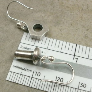 Nuts & Bolts Earrings in Sterling Silver Industrial Jewelry Dangle Earings Nut N Bolt Jewellery Pierced Ear Sterling Silver Earrings image 5
