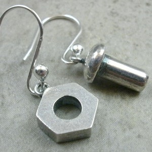 Nuts & Bolts Earrings in Sterling Silver Industrial Jewelry Dangle Earings Nut N Bolt Jewellery Pierced Ear Sterling Silver Earrings image 1