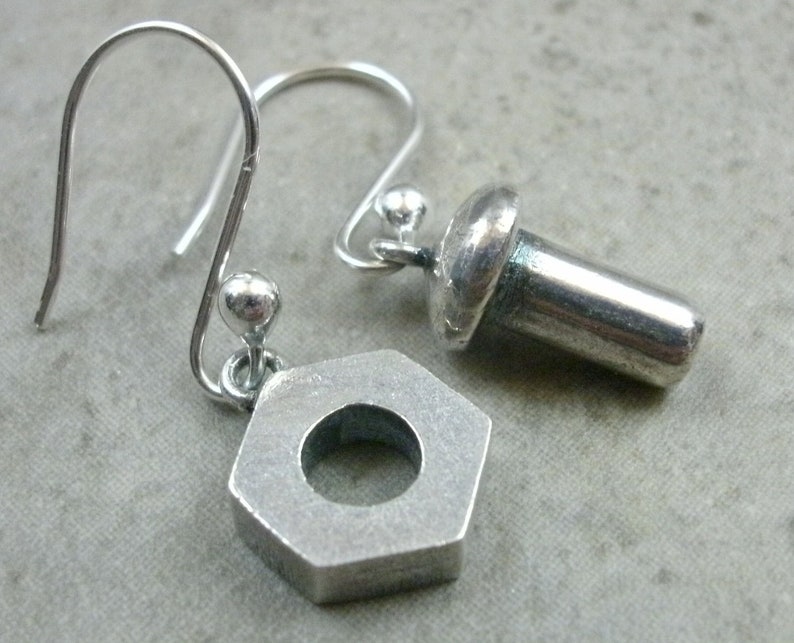 Nuts & Bolts Earrings in Sterling Silver Industrial Jewelry Dangle Earings Nut N Bolt Jewellery Pierced Ear Sterling Silver Earrings image 1