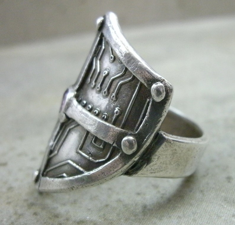 Circuit Board Shield Ring in Fine Silver Cyberpunk RIng Medieval Motherboard Techie Renaissance Sci Fi Hacker Cyberpunk Jewelry image 2