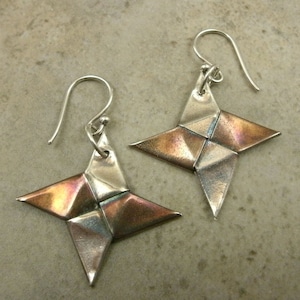 Origami Throwing Star Earrings in Fine Silver - Martial Arts Jewelry - Karate - Ninja Star - Anime Manga - Fantasy- Eco-Friendly Silver