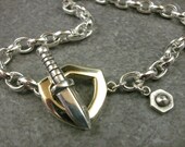 Sterling Silver Charm Bracelet- Green Gold Charm Bracelet- Sword and Shield Toggle Bracelet- 14k Green Gold- Charm Jewelry- Medieval Charm