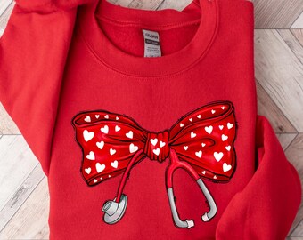 Nurse Valentine's Day Heart Bow Sweatshirt, Stethoscope Bow Shirt, Nurse Coquette Shirt, Gift for Nurse, Nurse Mom Sweatshirt, Gift for Her