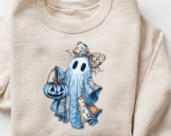 Cute Blue Ghost Sweatshirt, Floral Girly Ghost Shirt, Blue Toile Boujee Ghost Shirt, Coquette Blue Floral Halloween Bow Ghost Shirt