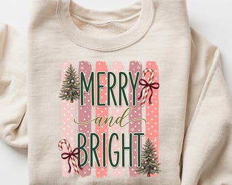 Merry and Bright Christmas Sweatshirt, Pink Merry Christmas Tshirt, Santa Claus Gift, Pink Vintage Holiday Tee, Xmas Family Gift