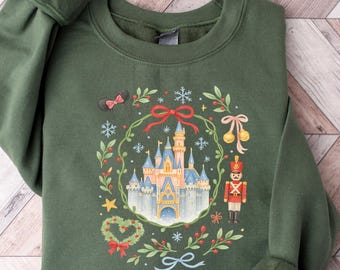 Retro Coquette Bow Disney Castle Christmas Sweatshirt, Magic Kingdom, Nutcracker Christmas Hoodie, Mickey Merry Christmas Sweater