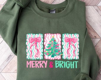 Coquette Sweatshirt Merry & Bright Xmas Tree Tee Pink Holiday Festive Bow Lights Sweatshirt Cute Jolly Tee Merry Christmas Sweatshirt
