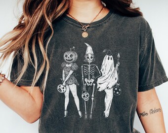 Halloween Skeleton Ghost Pumpkin Shirt,  Halloween Costumes Retro Tee, Halloween Girls Sweatshirt, Spooky Season Hoodie, Halloween Gift