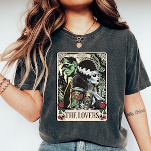 Frankenstein and Bride The Lovers Tarot T-Shirt,Gothic Halloween Shirt,Vintage Horror Tee,Romantic Tarot Lovers Tee,Bride Frankenstein Shirt