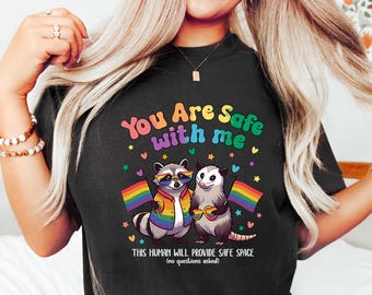 You Are Safe With Me Raccoon Shirt, LGBT Friendly Shirt, LGBT Shirt, Rainbow Shirt, LGBT Heart Shirts, Pride Raccoon Shirt, Pride Flag Shirt
