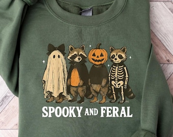 Funny Halloween Raccoon Sweatshirt, Spooky and Feral Raccoon Shirt, Ghost Raccoon Tee, Cute Raccoon Shirt, Women Halloween Shirt, Fall Shirt