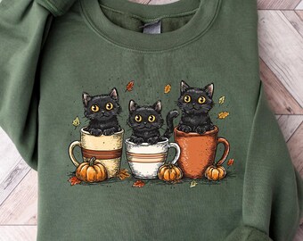 Halloween Black Cat Sweatshirt, Cute Cat Lover Sweater, Spooky Season Sweatshirt, Halloween Gift, Trick Or Treating Coffee Lover Halloween