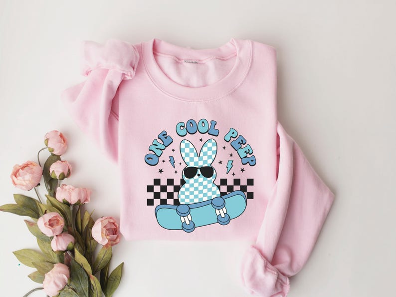 May include: A pale pink sweatshirt featuring a cartoon bunny in sunglasses on a skateboard. The bunny has a blue and white checkered pattern. The text "ONE COOL PEEP" is above the bunny. The design includes lightning bolts.
