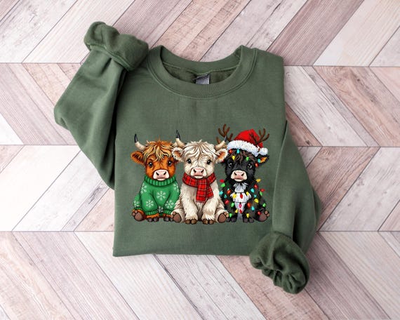 Christmas Cow Sweatshirt, Highland Cow tShirt, Women Cow Christmas Long sleeve, Cow Lover Gift, Farm Christmas Hoodie Gift, Christmas Shirt