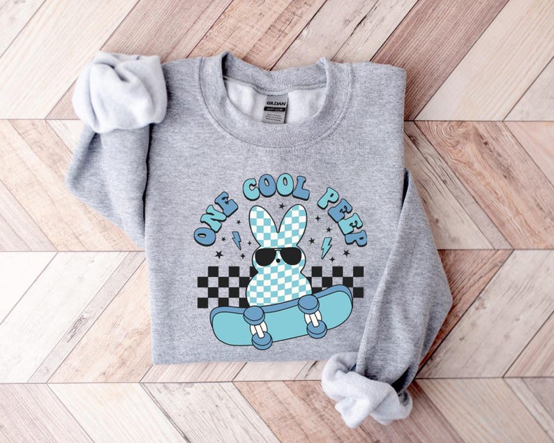 May include: A light grey sweatshirt featuring a bunny wearing sunglasses and riding a skateboard. The text "ONE COOL PEEP" is above the bunny. The bunny has a blue and white checkered pattern.