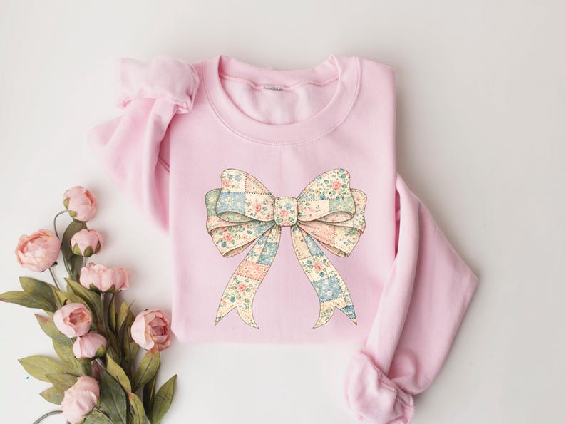 Vintage Bow Sweatshirt, Floral Coquette Shirt, Granny Core Style Sweater, Pastel Patchwork Bow Shirt bild 5