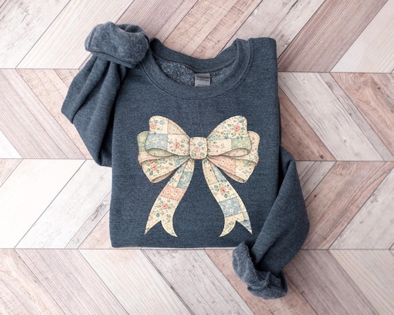 Vintage Bow Sweatshirt, Floral Coquette Shirt, Granny Core Style Sweater, Pastel Patchwork Bow Shirt