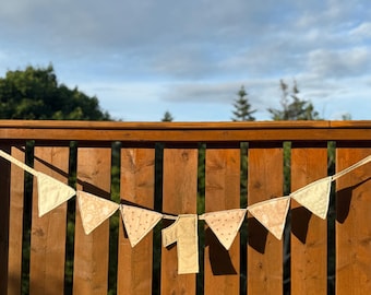 May include: A decorative banner with triangular flags and the number "1" in the center. The flags are in shades of cream and pink, some with polka dots. The banner is strung across a wooden fence against a cloudy sky.