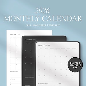 May include: A digital and printable PDF 2026 monthly calendar. The calendar is in portrait orientation and starts on Sunday or Monday. The image shows a white calendar and two black digital tablets displaying the January 2026 calendar.