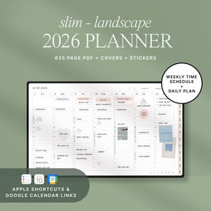 Puede incluir: Un planificador digital 2026 con diseño minimalista y formato horizontal. Incluye un horario semanal y un plan diario, con accesos directos de Apple y enlaces de Google Calendar. Contiene 635 páginas, portadas y pegatinas.