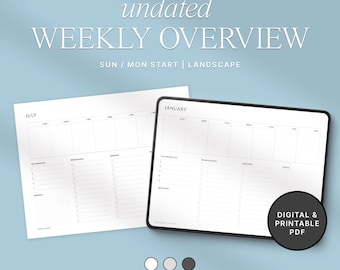 May include: An undated weekly overview planner with a landscape layout. The planner features sections for each day of the week, top priorities, and notes. The image shows two planners, one with the month of July and the other with January. The image also shows three background color options.