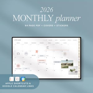 May include: A digital 2026 monthly planner displayed on a tablet screen. The June 2026 calendar is visible, with appointments and events marked. Includes Apple Shortcuts and Google Calendar links. The planner includes 94 pages, covers, and stickers.