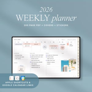 May include: A digital 2026 weekly planner with a minimalist design. The planner includes 200 pages, covers, and stickers. The image shows a detailed layout for July 2026, with sections for appointments, groceries, and notes. Includes Apple Shortcuts and Google Calendar links.