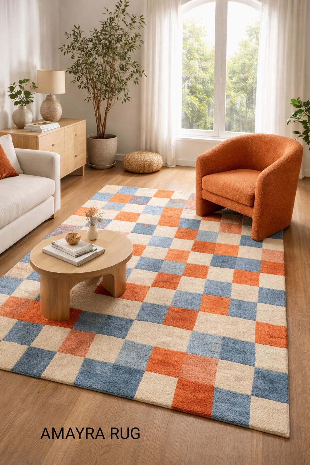 Modern Checkered Wool Rug, Orange Blue Geometric Area Rug, Hand Tufted ...