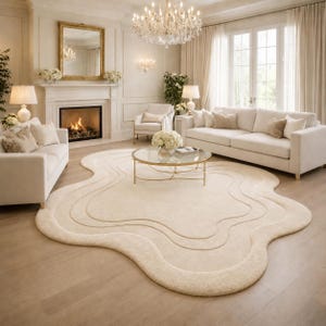 Luxury Ivory Abstract Hand-Tufted Wool Rug | Modern Irregular Shape Plush Area Rug | Soft Premium Designer Carpet