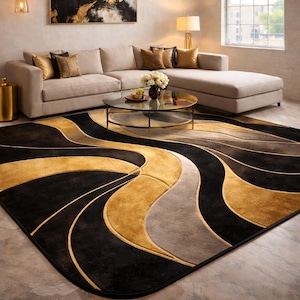 Luxury Black Gold Abstract Rug – Hand Tufted Wool Area Rug, Modern Living Room Carpet, Contemporary Designer Statement Rug custom size etc.